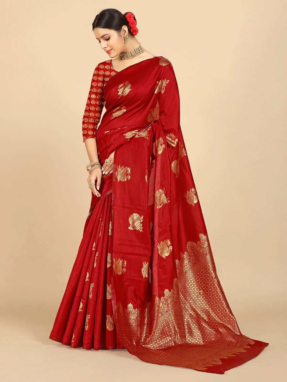 Buy Banarasi Silk Jacquard Saree With Blouse Piece-Red