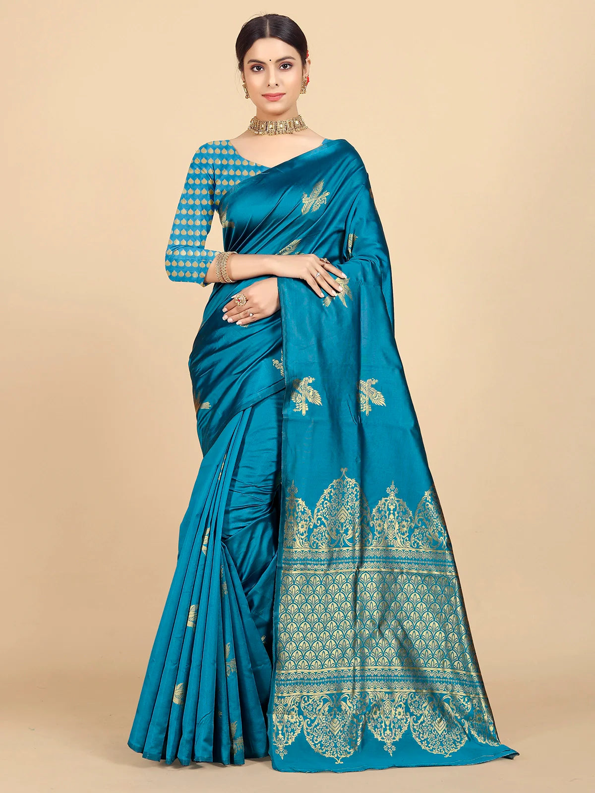 Buy Banarasi Silk Jacquard Saree With Blouse Piece-Turquoise