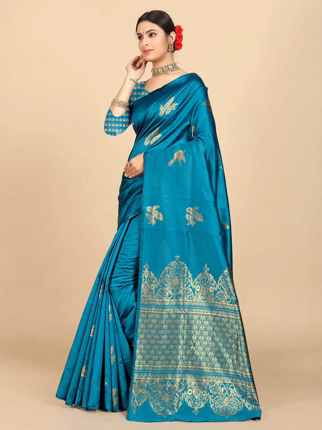 Buy Banarasi Silk Jacquard Saree With Blouse Piece-Turquoise