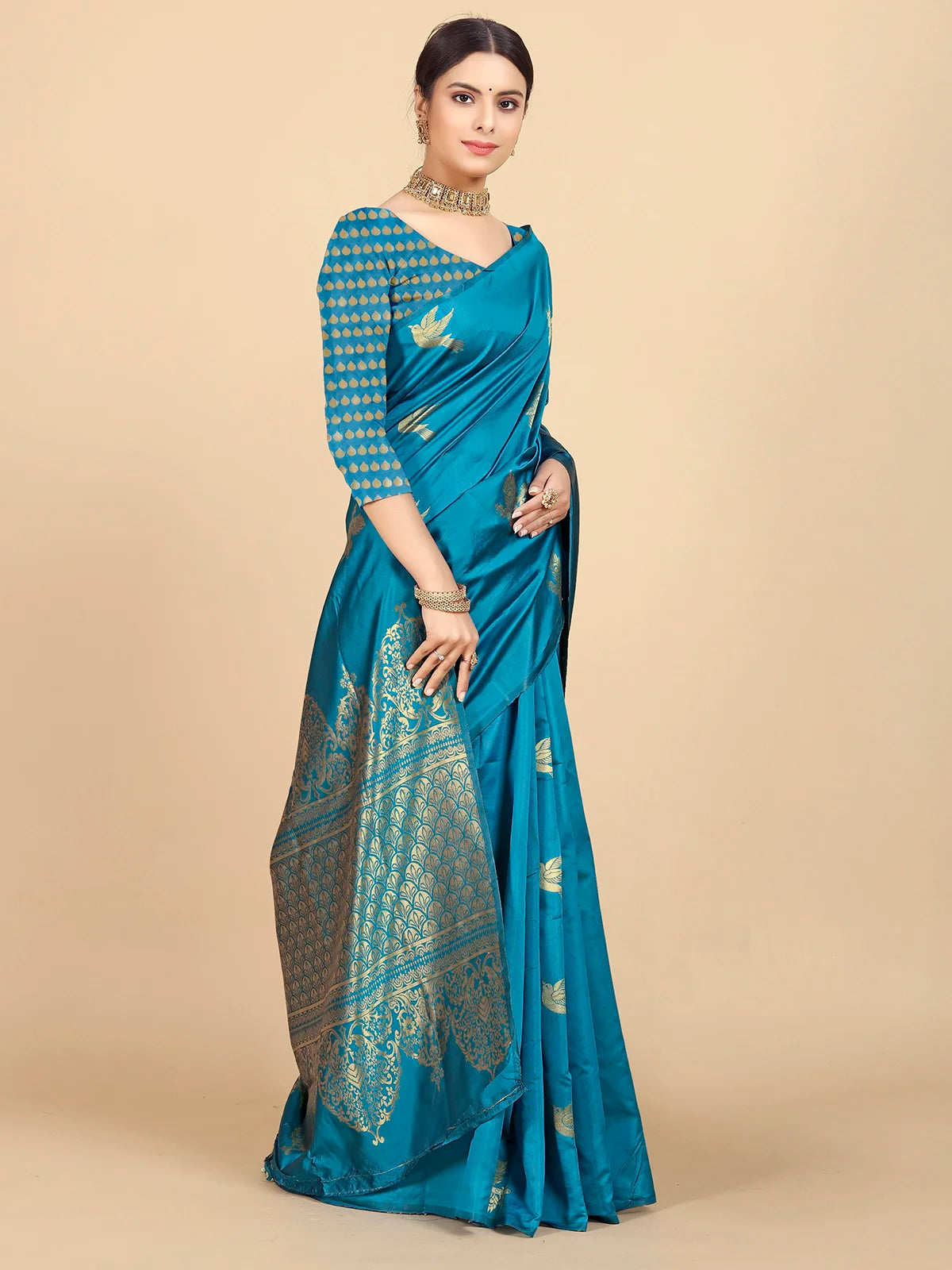 Buy Banarasi Silk Jacquard Saree With Blouse Piece-Turquoise