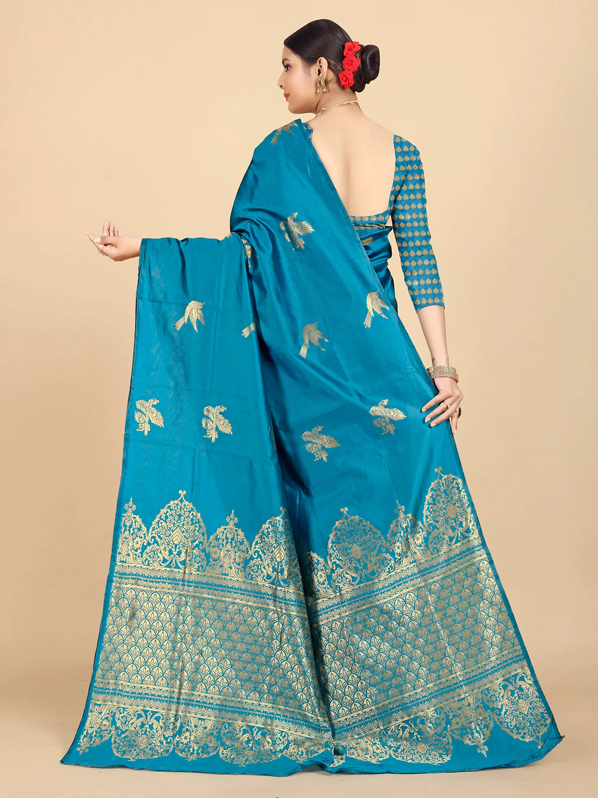 Buy Banarasi Silk Jacquard Saree With Blouse Piece-Turquoise