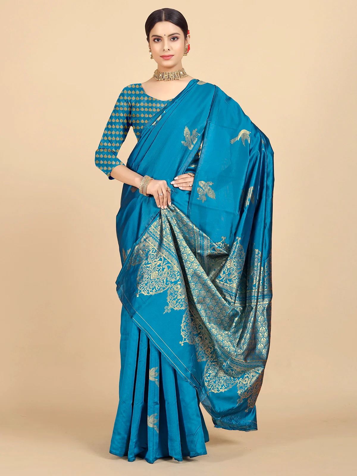 Buy Banarasi Silk Jacquard Saree With Blouse Piece-Turquoise