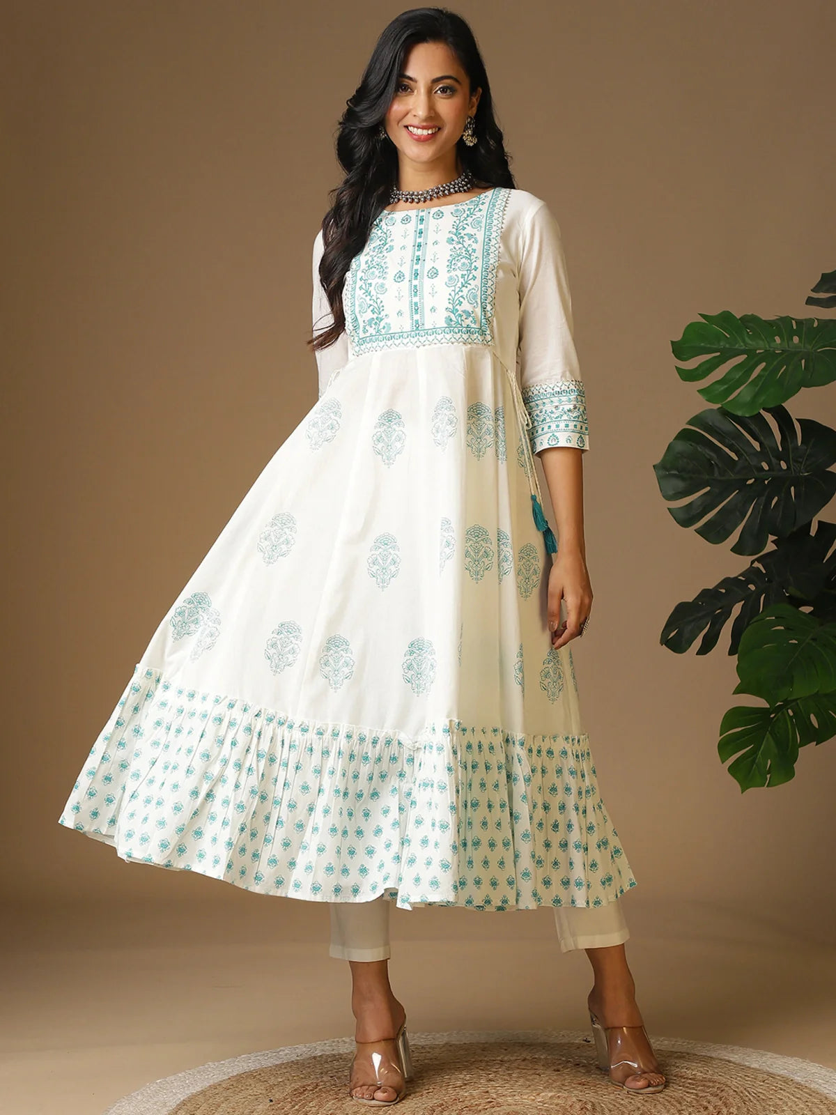 Buy Cotton Yoke Sequinned Floral Printed Calf Length Anarkali Kurta with Tie-Up On Waist-Sea Green