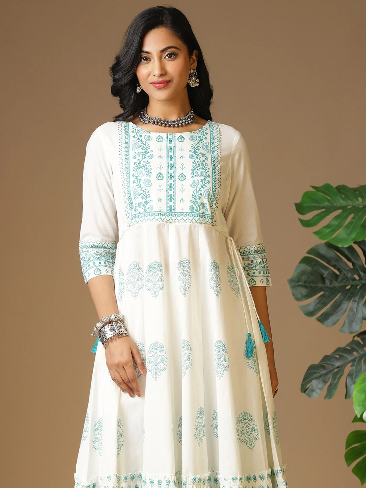 Buy Cotton Yoke Sequinned Floral Printed Calf Length Anarkali Kurta with Tie-Up On Waist-Sea Green