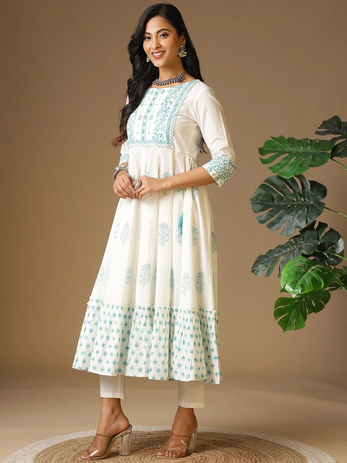 Buy Cotton Yoke Sequinned Floral Printed Calf Length Anarkali Kurta with Tie-Up On Waist-Sea Green