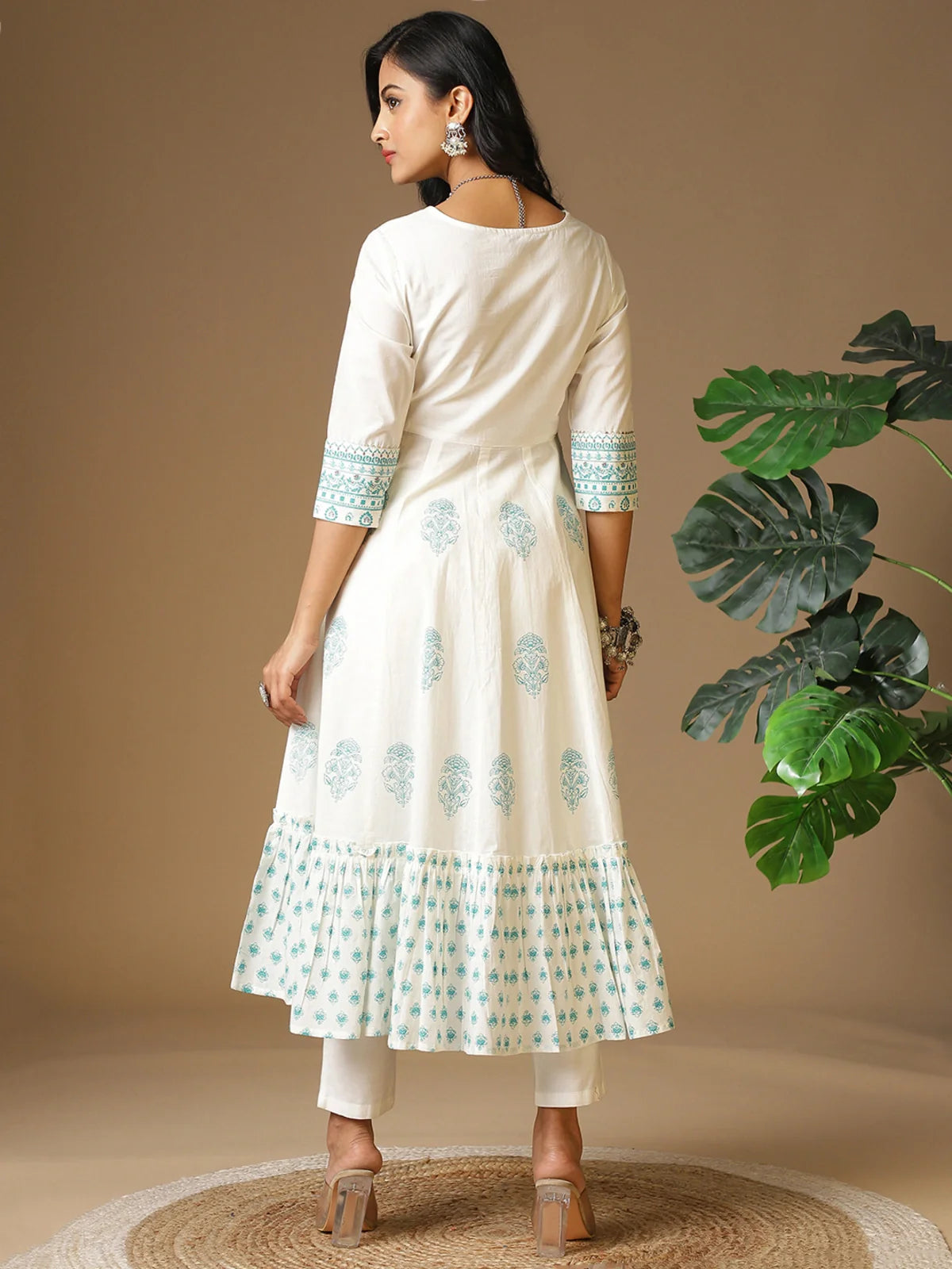 Buy Cotton Yoke Sequinned Floral Printed Calf Length Anarkali Kurta with Tie-Up On Waist-Sea Green