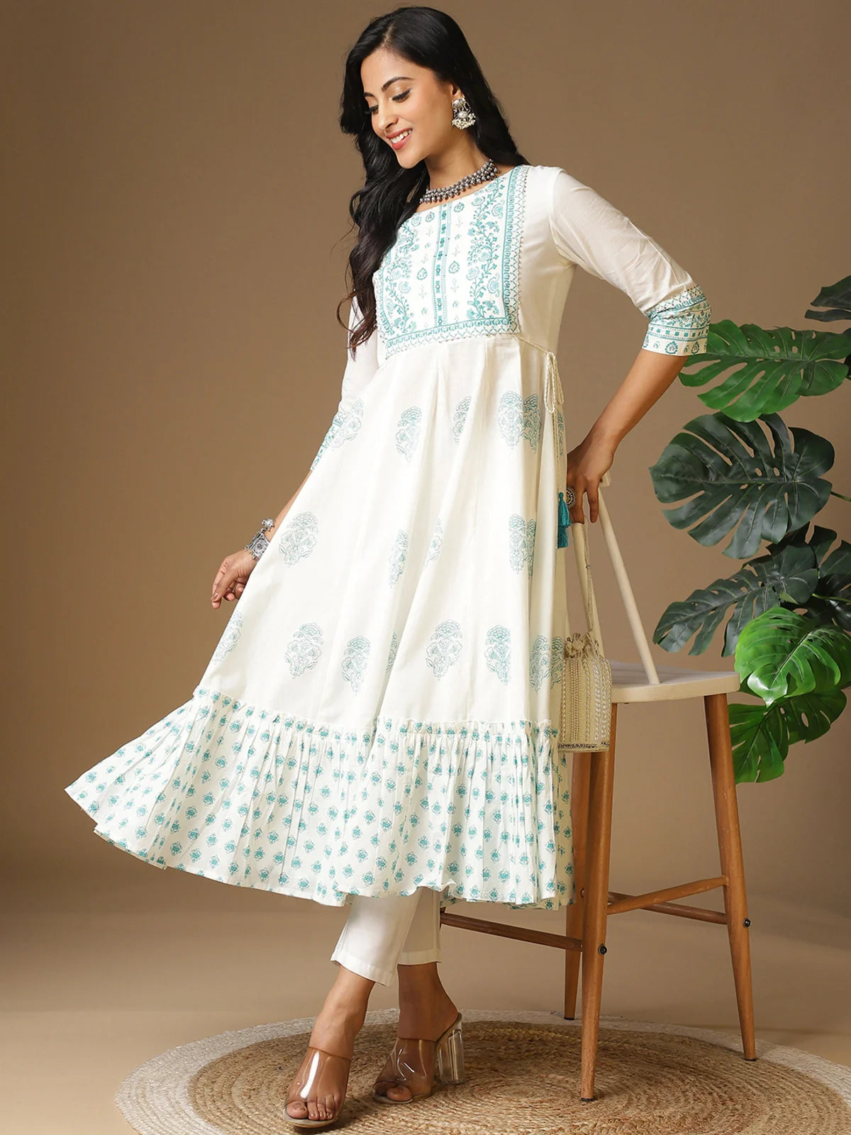 Buy Cotton Yoke Sequinned Floral Printed Calf Length Anarkali Kurta with Tie-Up On Waist-Sea Green