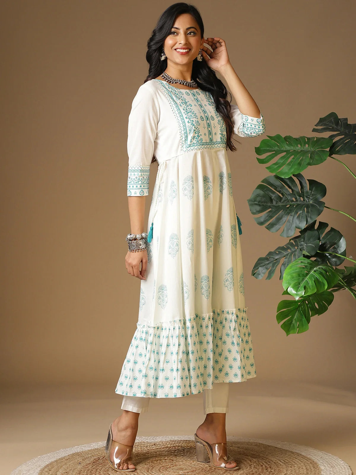 Buy Cotton Yoke Sequinned Floral Printed Calf Length Anarkali Kurta with Tie-Up On Waist-Sea Green