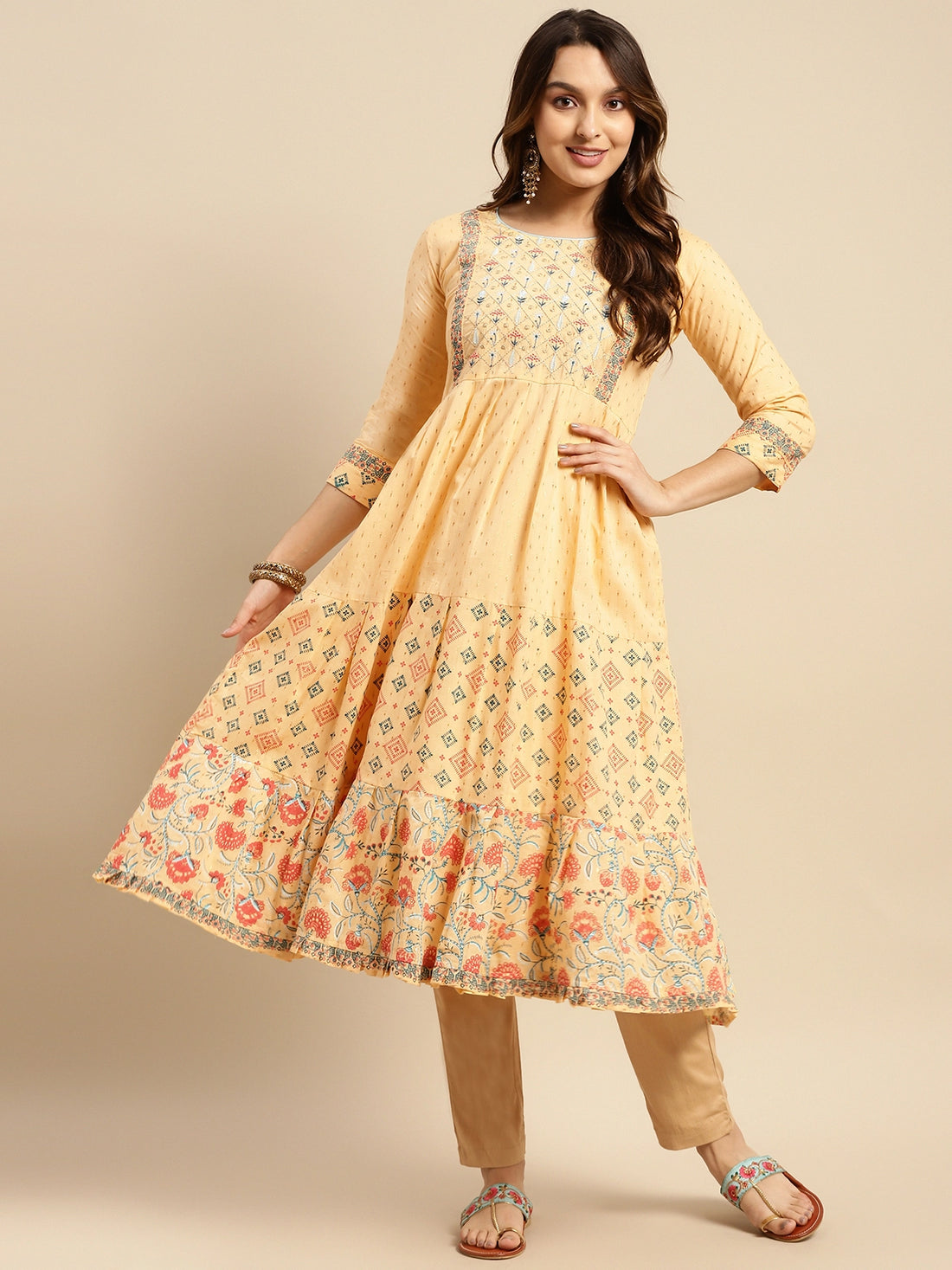 Buy 100% Cotton Yoke Embroidered Calf Length Anarkali Kurta-Beige
