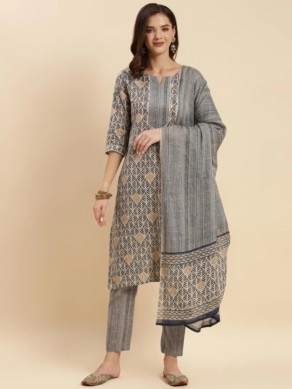 Buy Cotton Printed Straight Calf Length Kurta With Pant And Dupatta Set-Beige