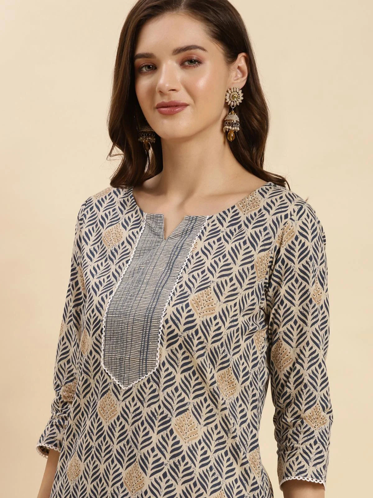 Buy Cotton Printed Straight Calf Length Kurta With Pant And Dupatta Set-Beige