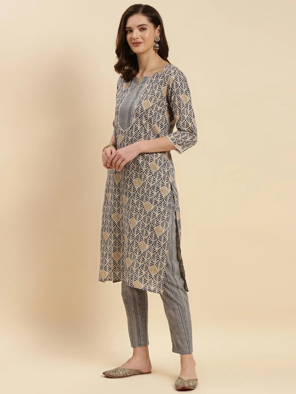 Buy Cotton Printed Straight Calf Length Kurta With Pant And Dupatta Set-Beige