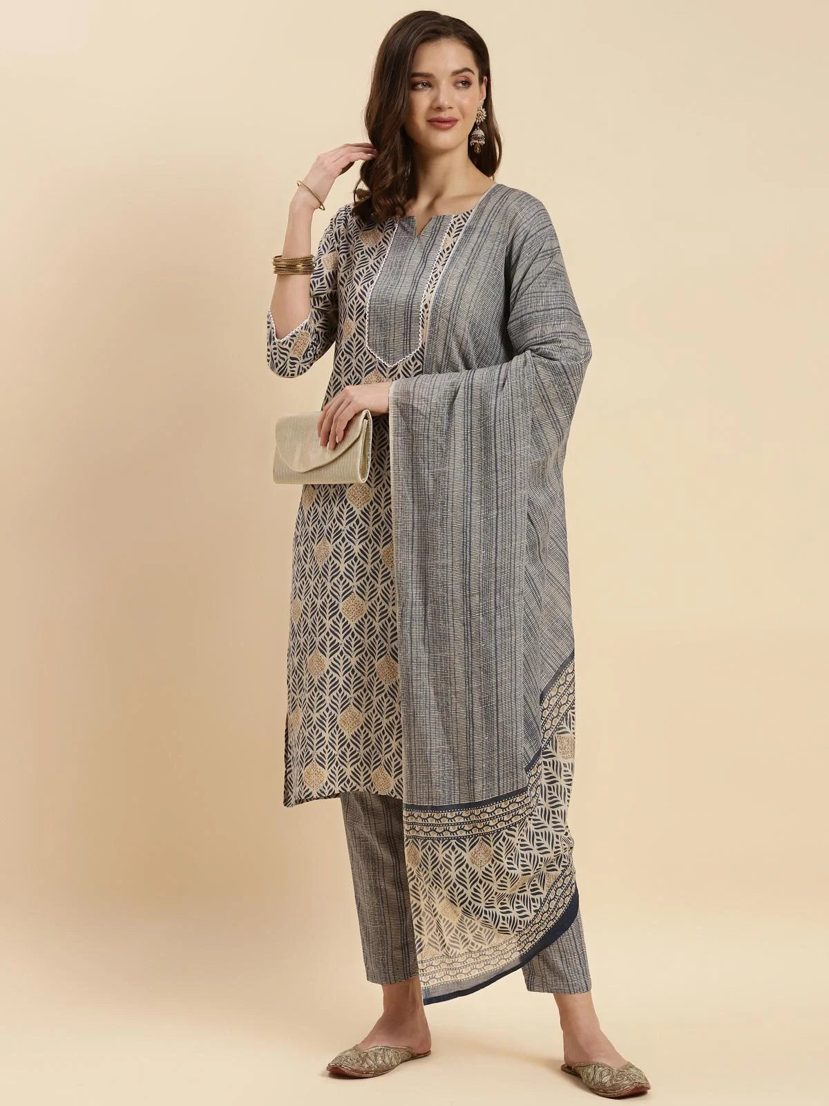 Buy Cotton Printed Straight Calf Length Kurta With Pant And Dupatta Set-Beige