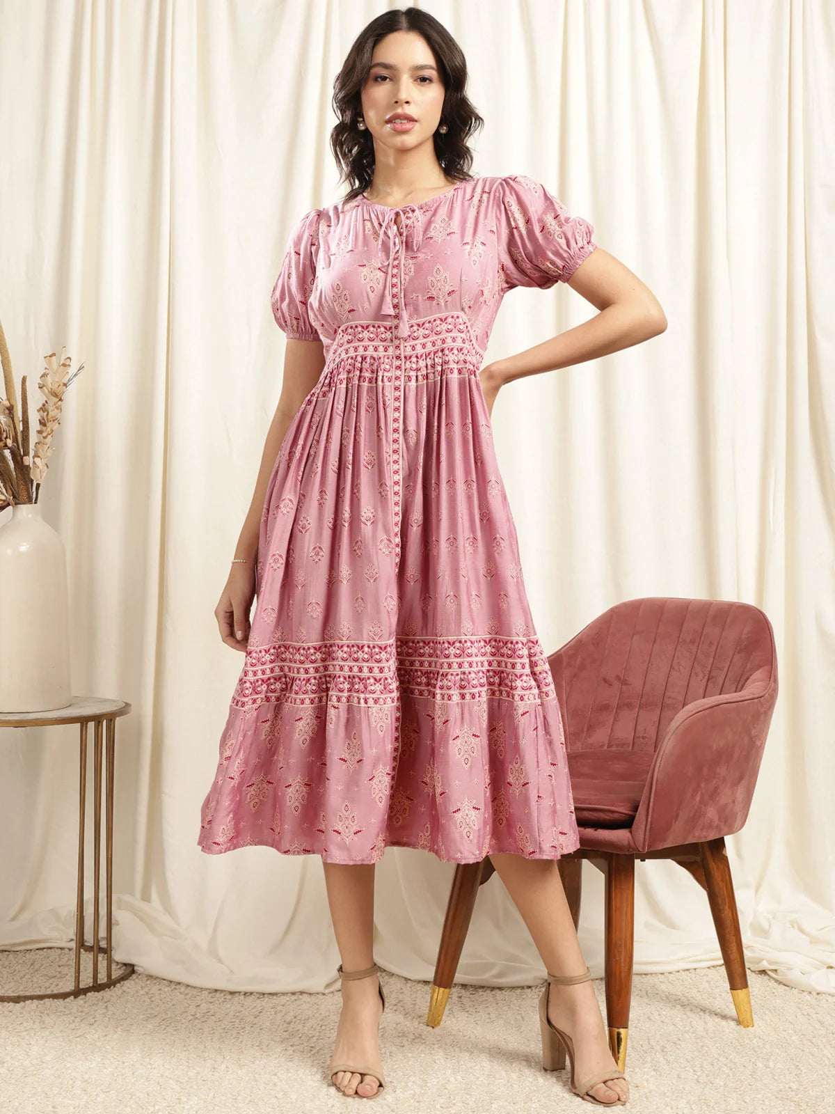 Buy Viscose Ethnic Printed Fit & Flare Calf Length Dress-Mauve