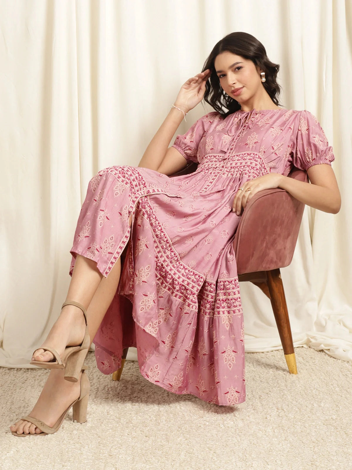 Buy Viscose Ethnic Printed Fit & Flare Calf Length Dress-Mauve