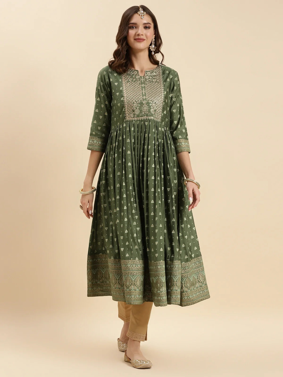 Buy Silk Embroidered Calf Length Anarkali Kurta-Green