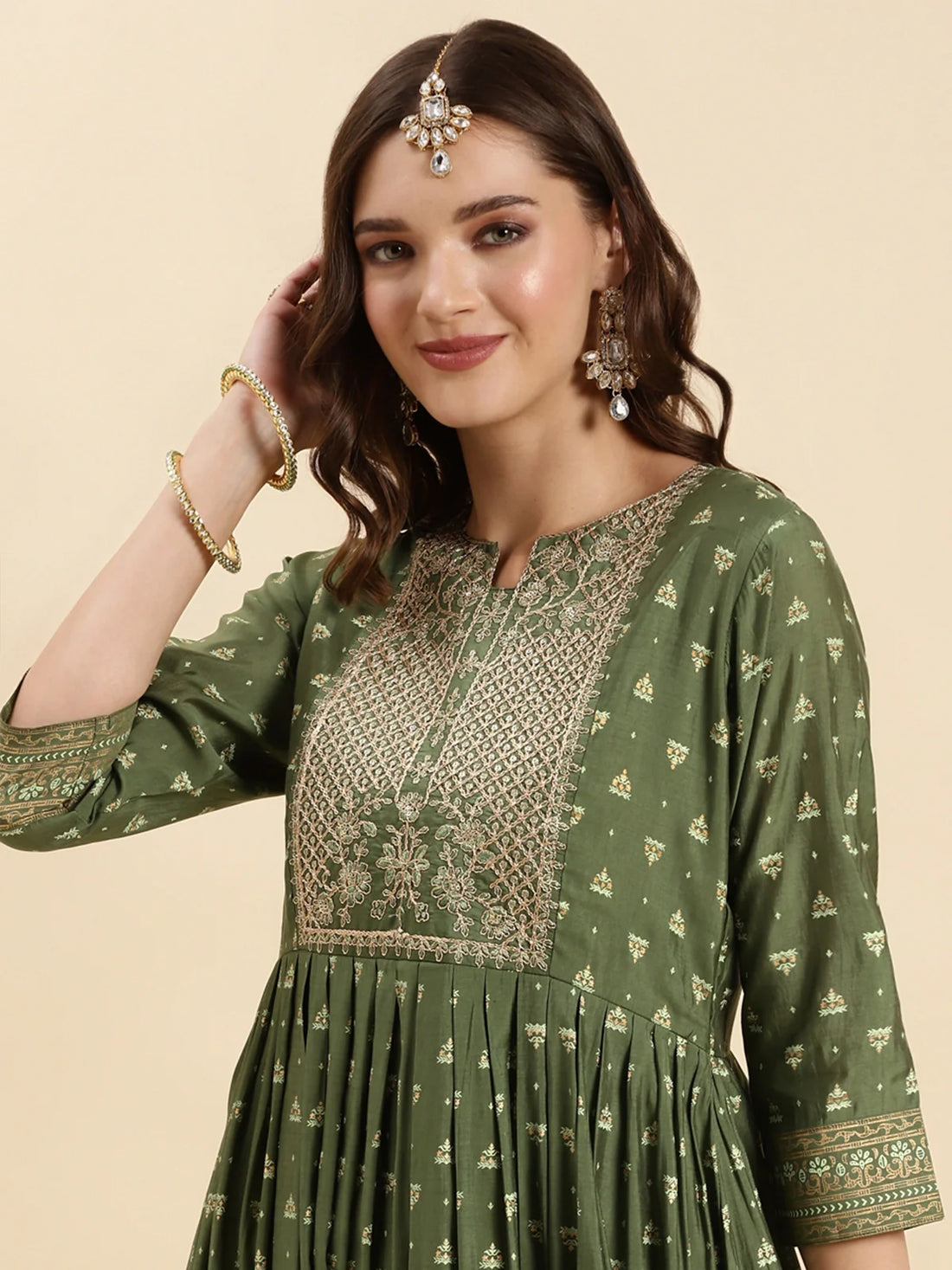 Buy Silk Embroidered Calf Length Anarkali Kurta-Green