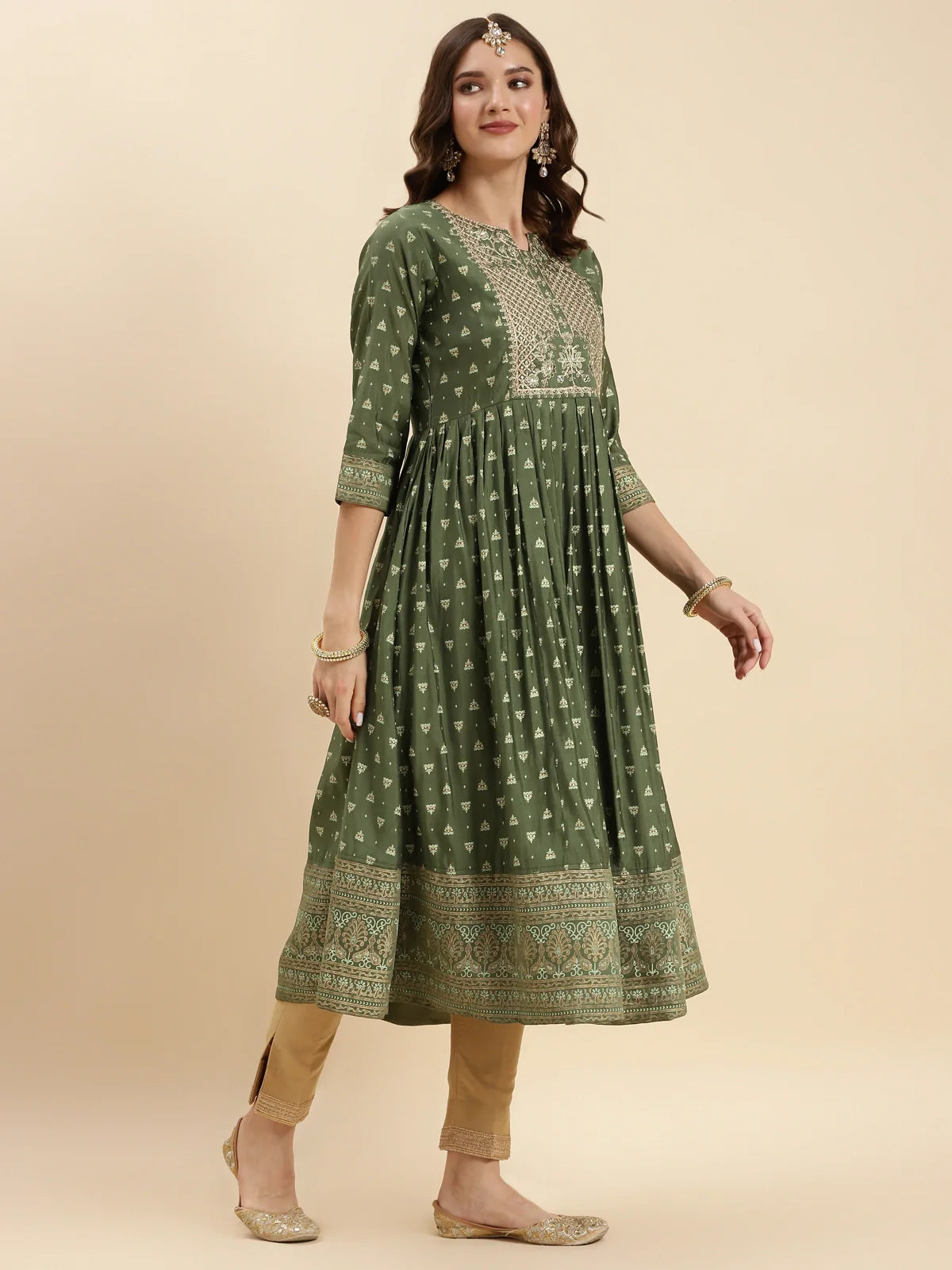 Buy Silk Embroidered Calf Length Anarkali Kurta-Green