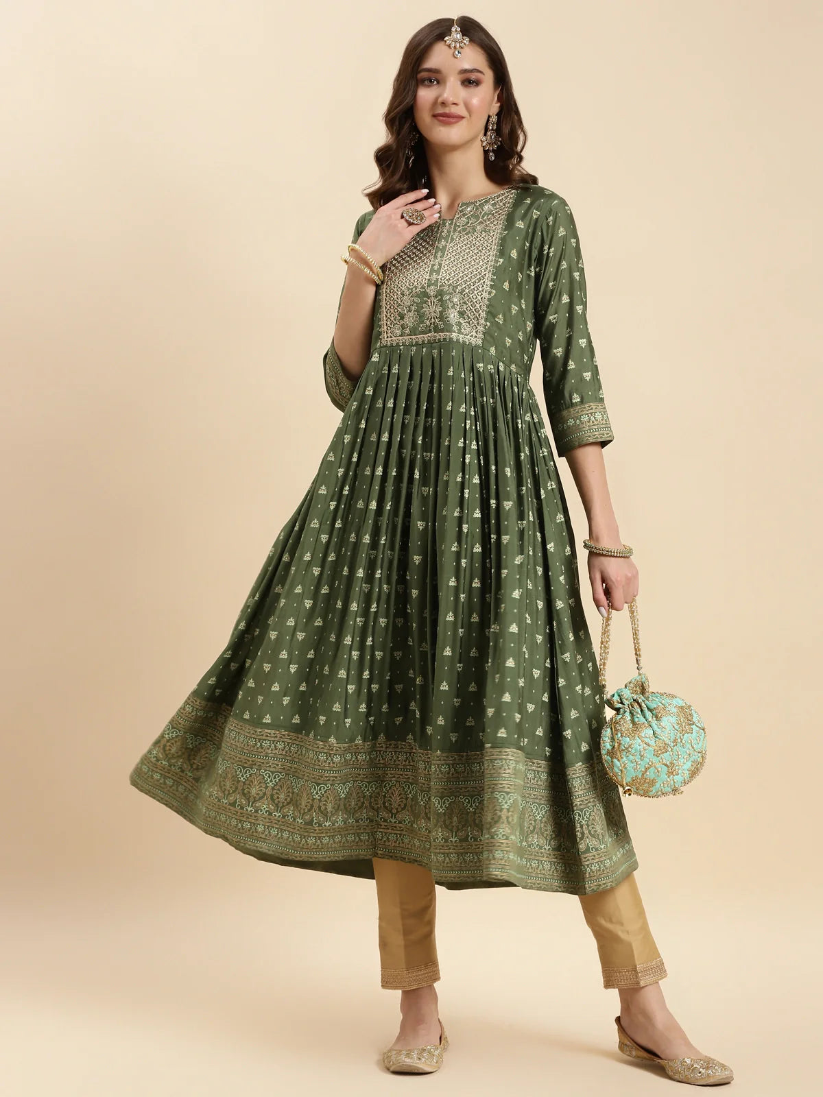 Buy Silk Embroidered Calf Length Anarkali Kurta-Green