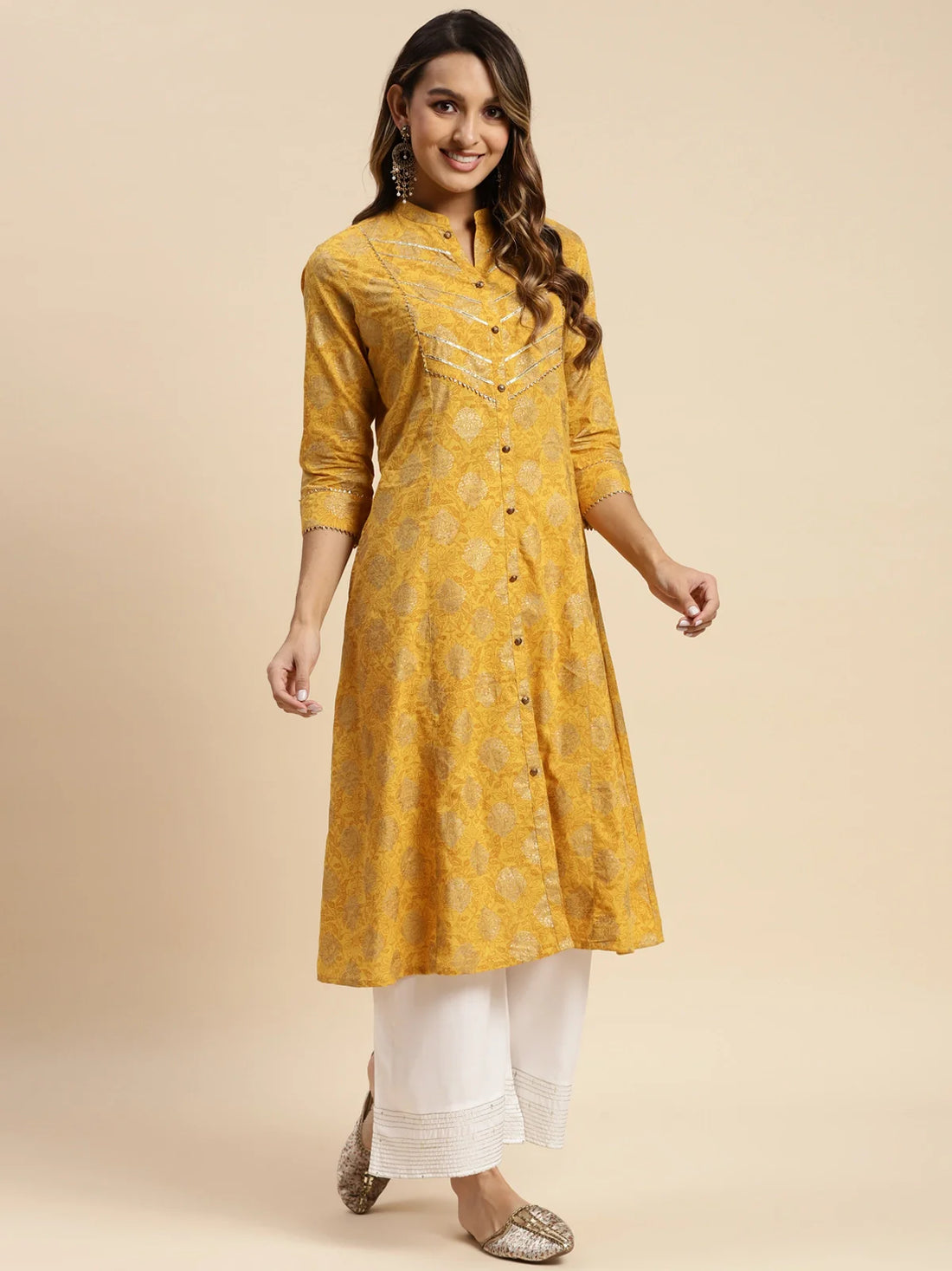 Buy Cotton Gold Printed Calf Length Kalidar Kurta-Yellow