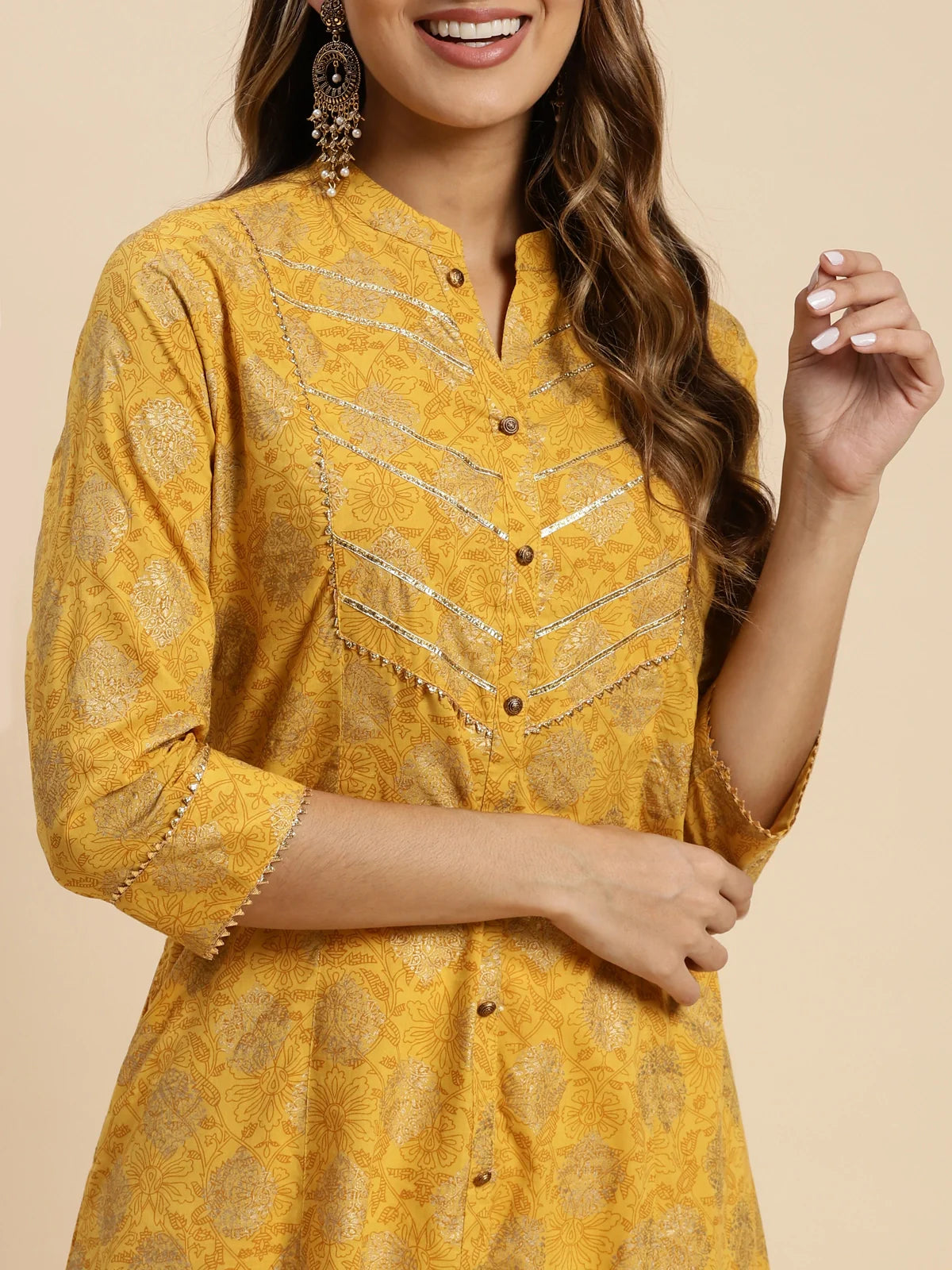 Buy Cotton Gold Printed Calf Length Kalidar Kurta-Yellow