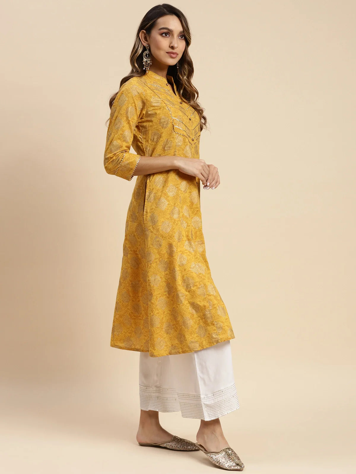 Buy Cotton Gold Printed Calf Length Kalidar Kurta-Yellow