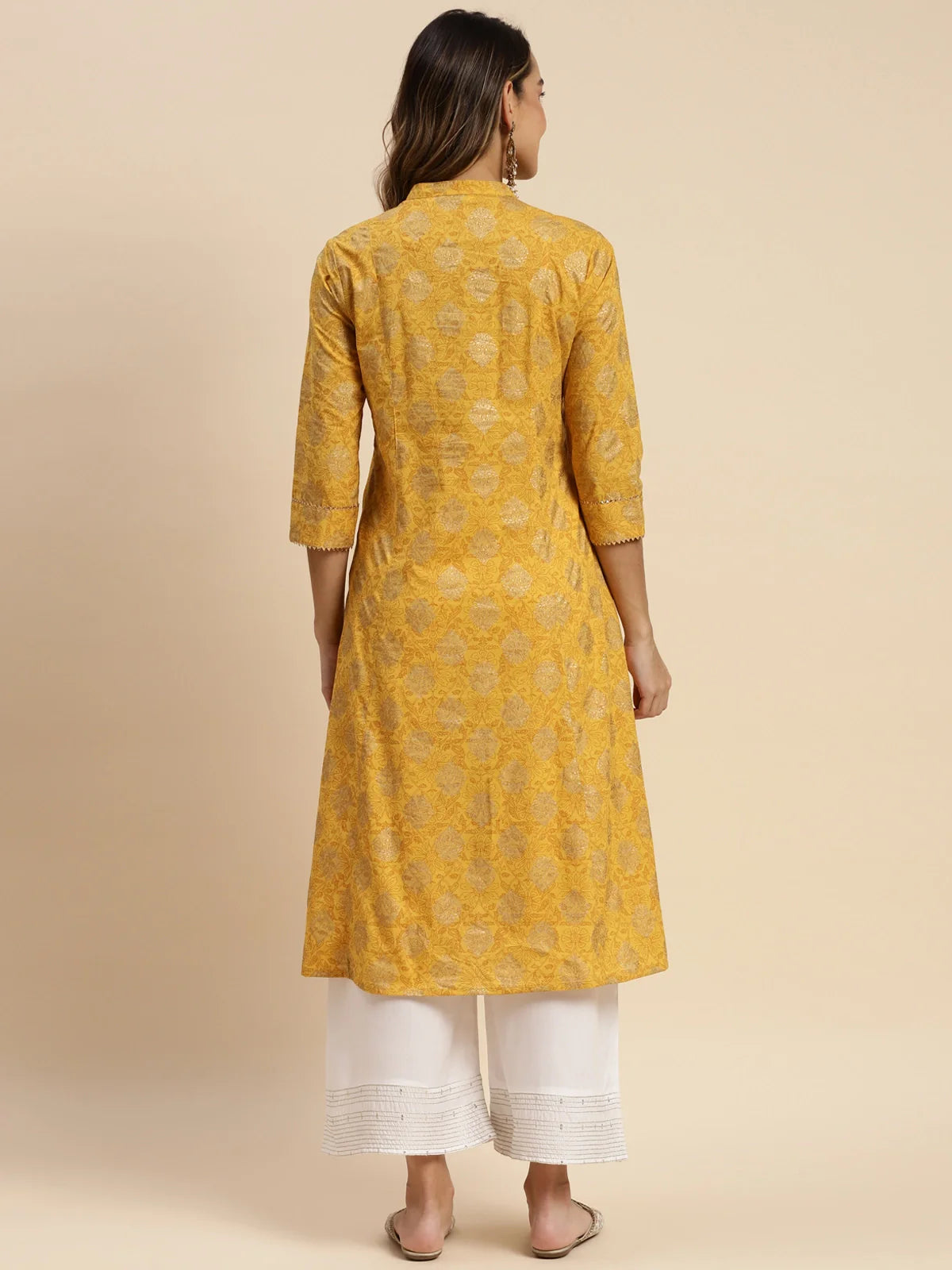 Buy Cotton Gold Printed Calf Length Kalidar Kurta-Yellow