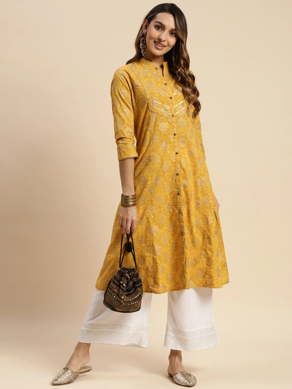 Buy Cotton Gold Printed Calf Length Kalidar Kurta-Yellow