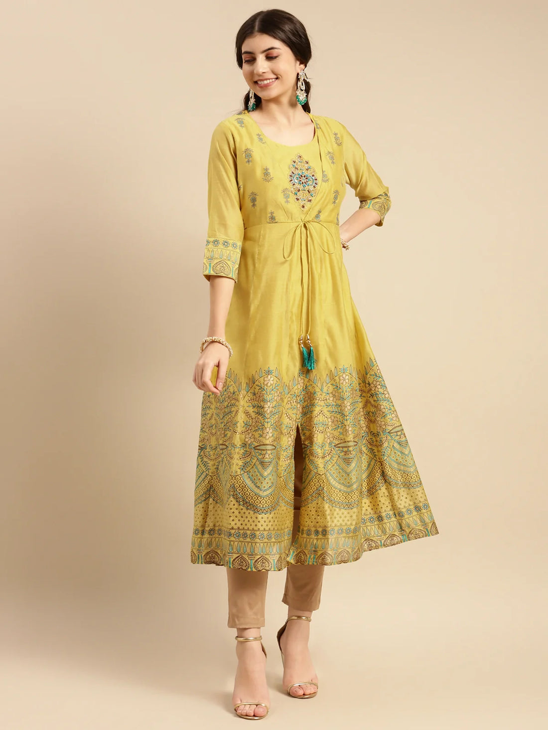 Buy Chanderi Yoke Embroidered Border Printed Calf Length Partywear Anarkali Kurta-Mustard