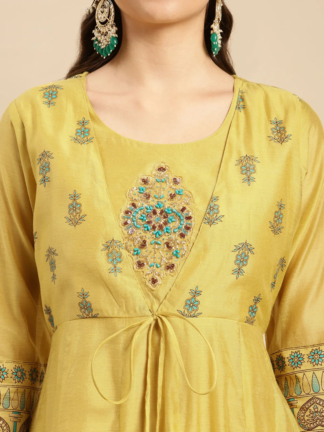 Buy Chanderi Yoke Embroidered Border Printed Calf Length Partywear Anarkali Kurta-Mustard