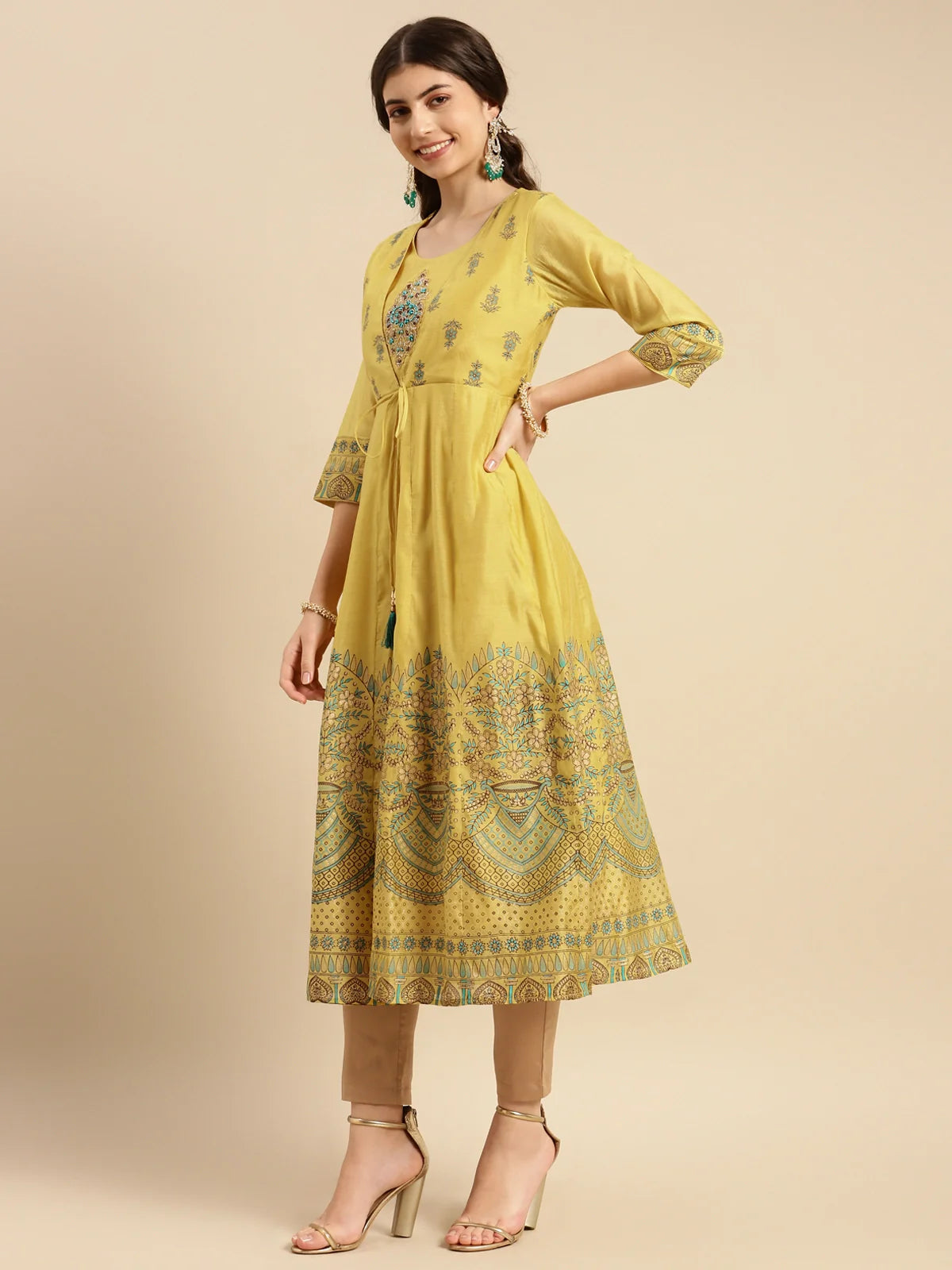 Buy Chanderi Yoke Embroidered Border Printed Calf Length Partywear Anarkali Kurta-Mustard