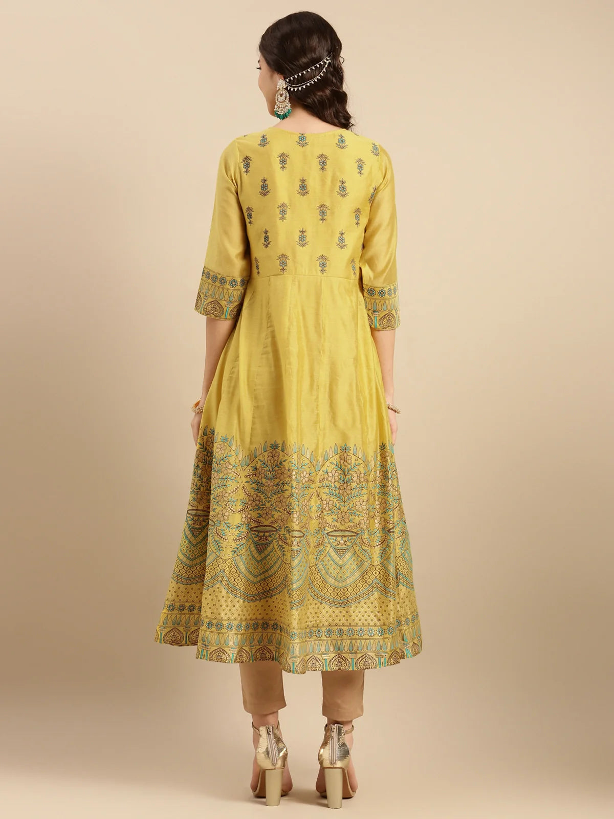 Buy Chanderi Yoke Embroidered Border Printed Calf Length Partywear Anarkali Kurta-Mustard