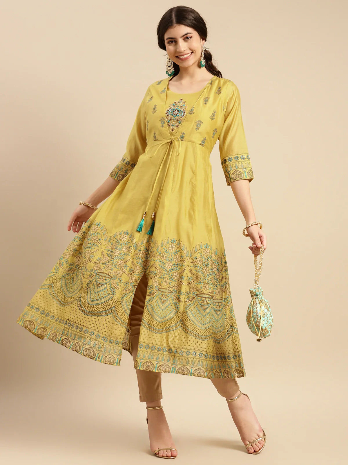 Buy Chanderi Yoke Embroidered Border Printed Calf Length Partywear Anarkali Kurta-Mustard