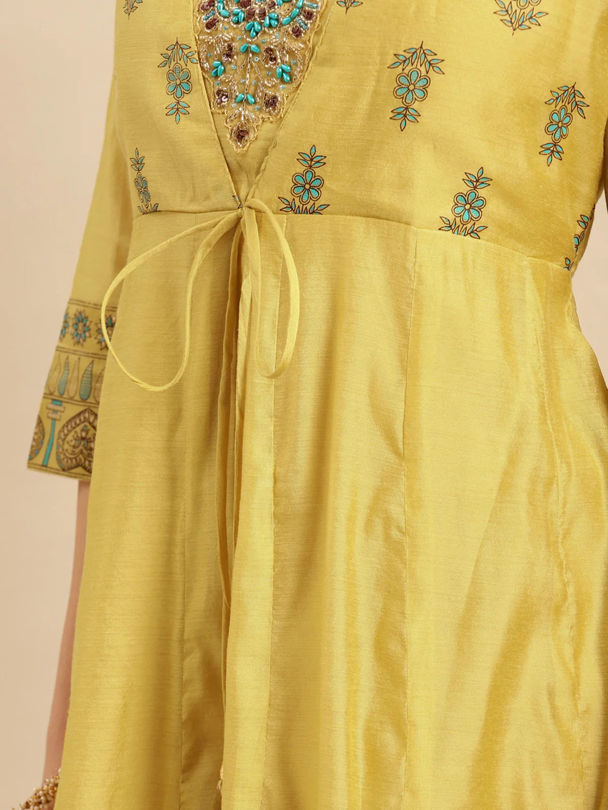 Buy Chanderi Yoke Embroidered Border Printed Calf Length Partywear Anarkali Kurta-Mustard