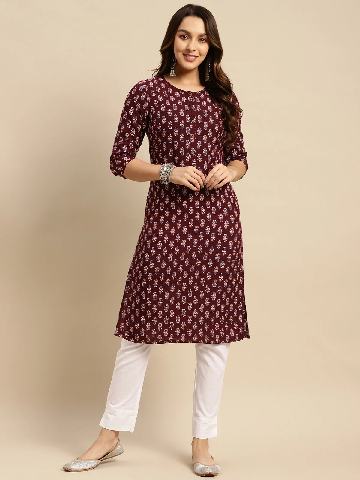 Buy Rayon Tonal Placket Floral Printed Knee Length Straight Kurta-Mauve