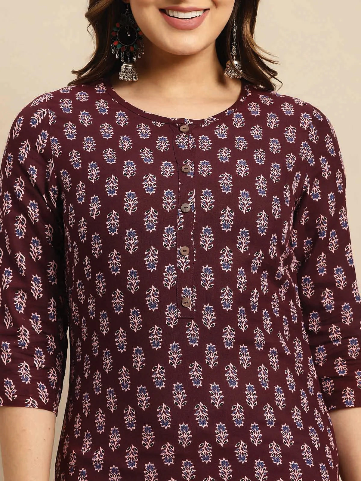 Buy Rayon Tonal Placket Floral Printed Knee Length Straight Kurta-Mauve