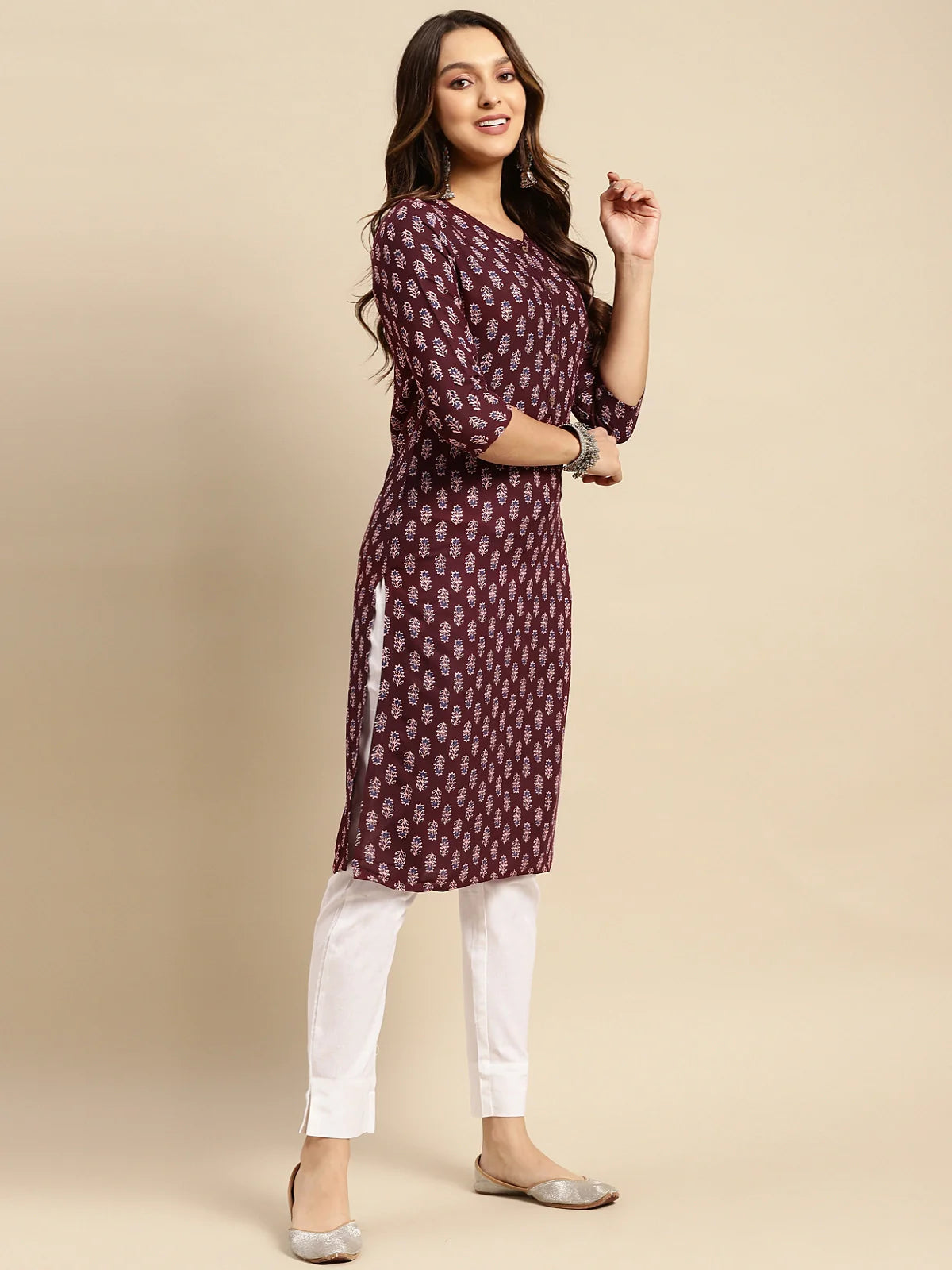 Buy Rayon Tonal Placket Floral Printed Knee Length Straight Kurta-Mauve