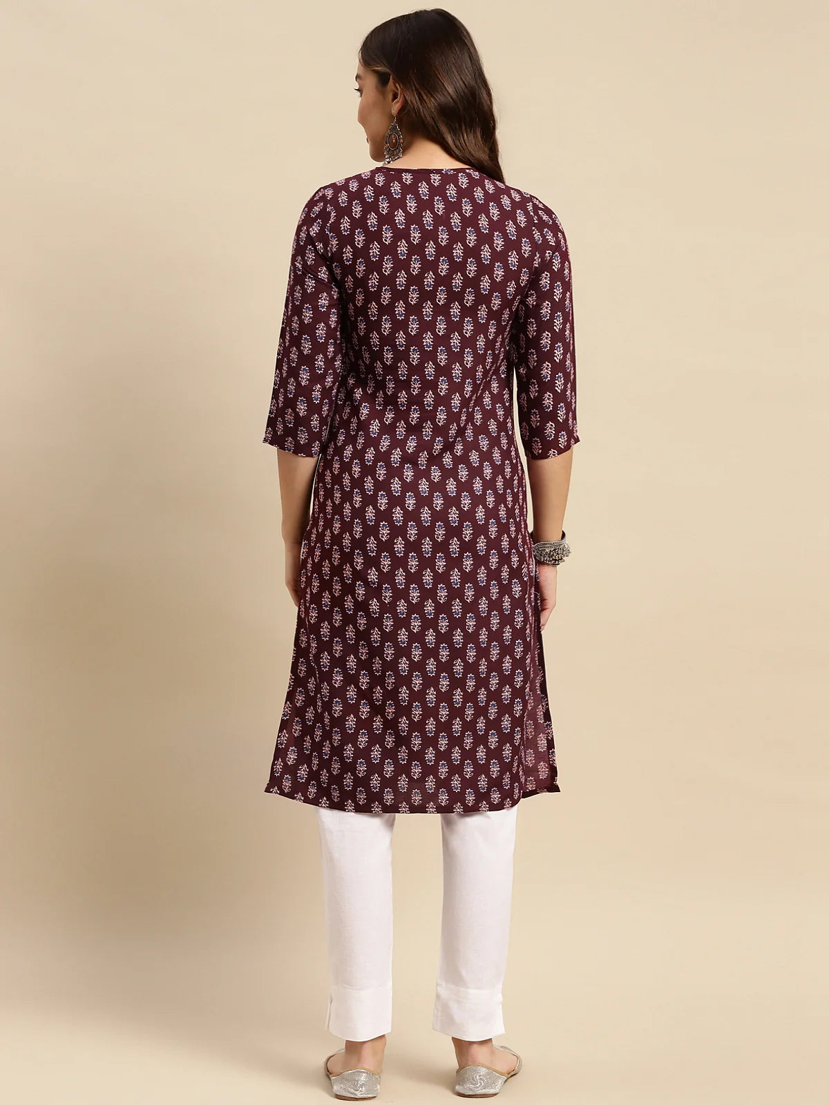 Buy Rayon Tonal Placket Floral Printed Knee Length Straight Kurta-Mauve