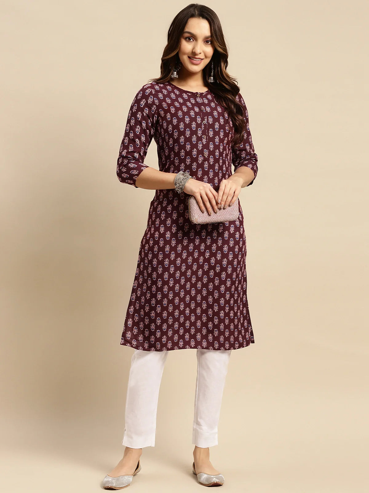 Buy Rayon Tonal Placket Floral Printed Knee Length Straight Kurta-Mauve