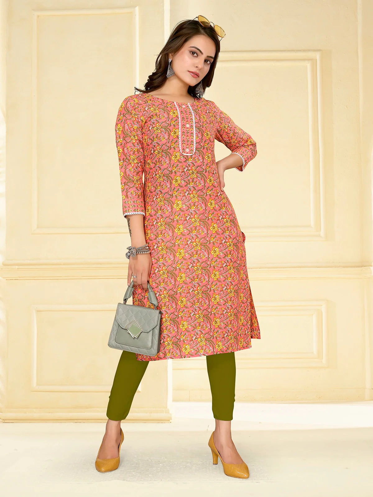 Buy Cotton Printed Knee Length Straight Kurta-Peach