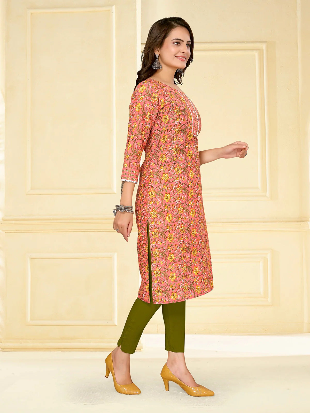 Buy Cotton Printed Knee Length Straight Kurta-Peach