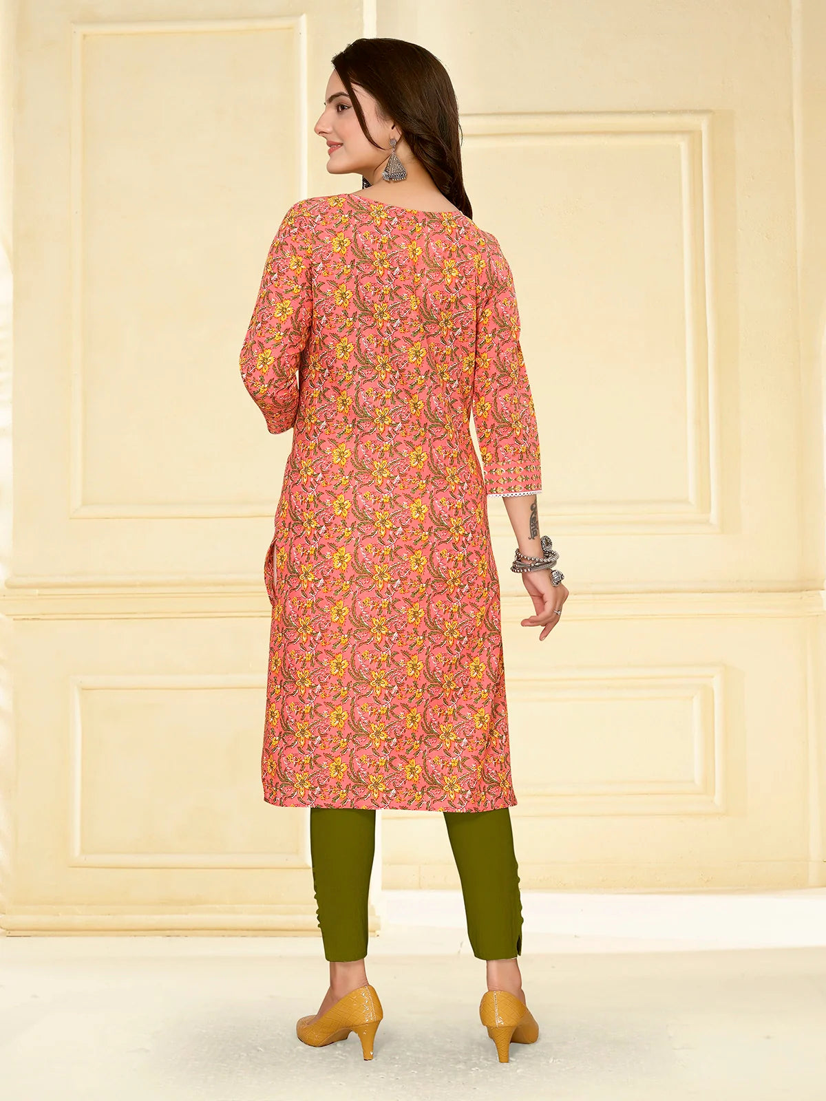 Buy Cotton Printed Knee Length Straight Kurta-Peach