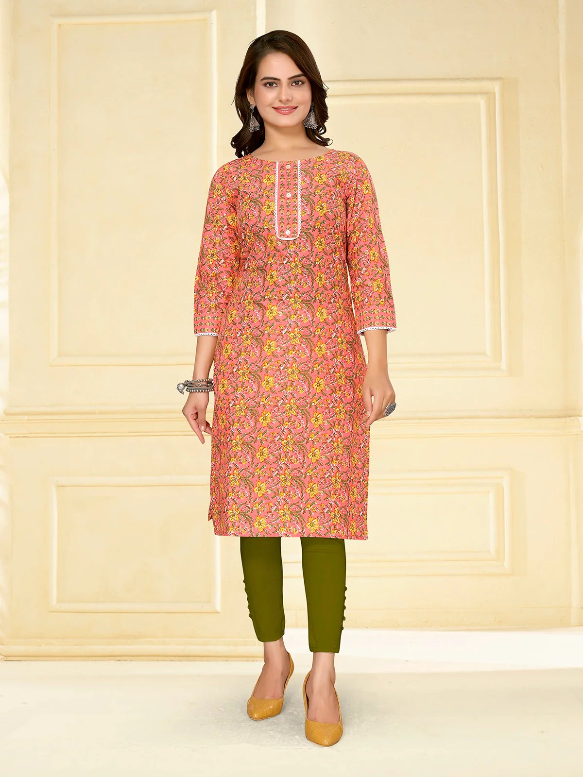 Buy Cotton Printed Knee Length Straight Kurta-Peach