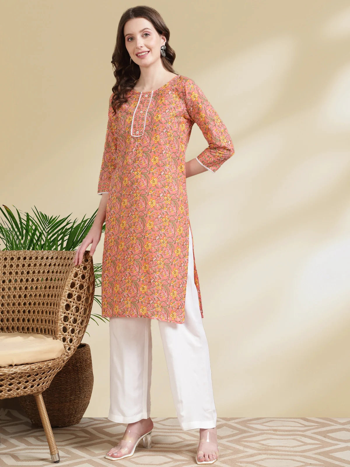 Buy Cotton Printed Knee Length Straight Kurta-Peach