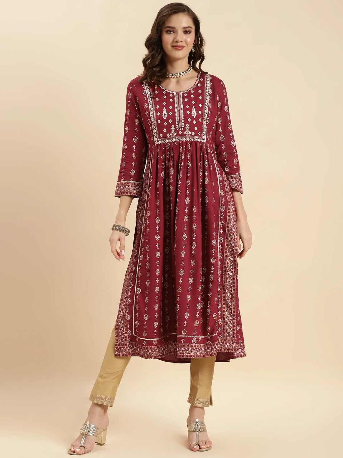 Buy Rayon Yoke Embroidered Calf Length Nayra Style Kurta-Maroon