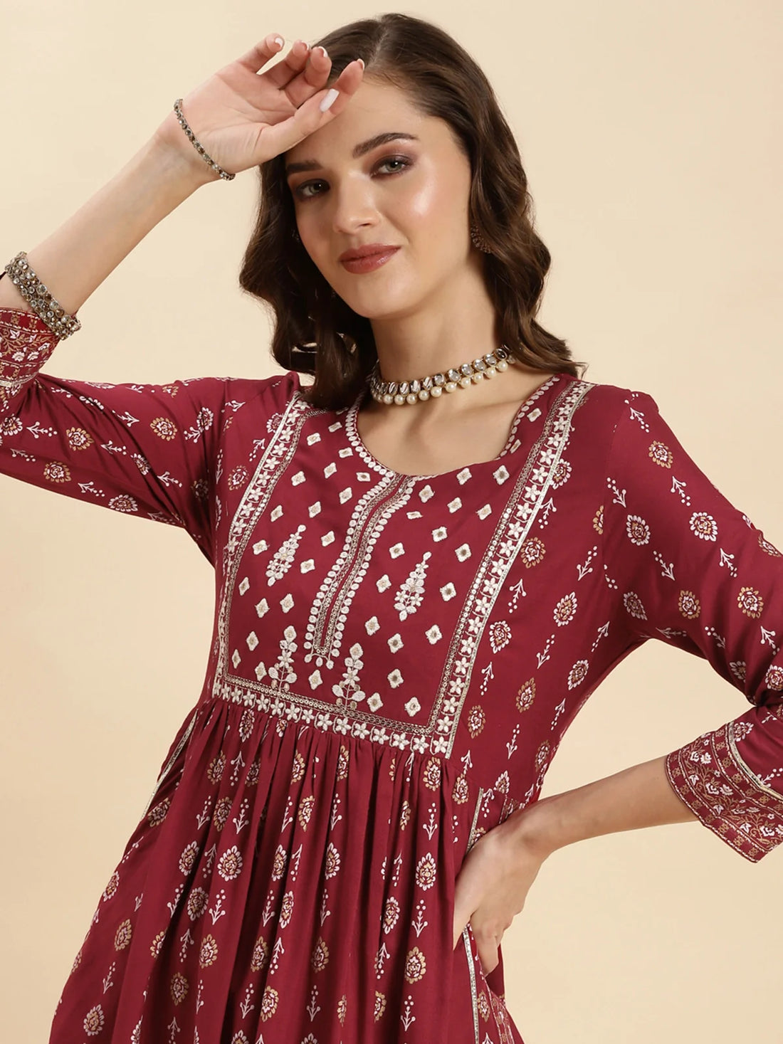 Buy Rayon Yoke Embroidered Calf Length Nayra Style Kurta-Maroon