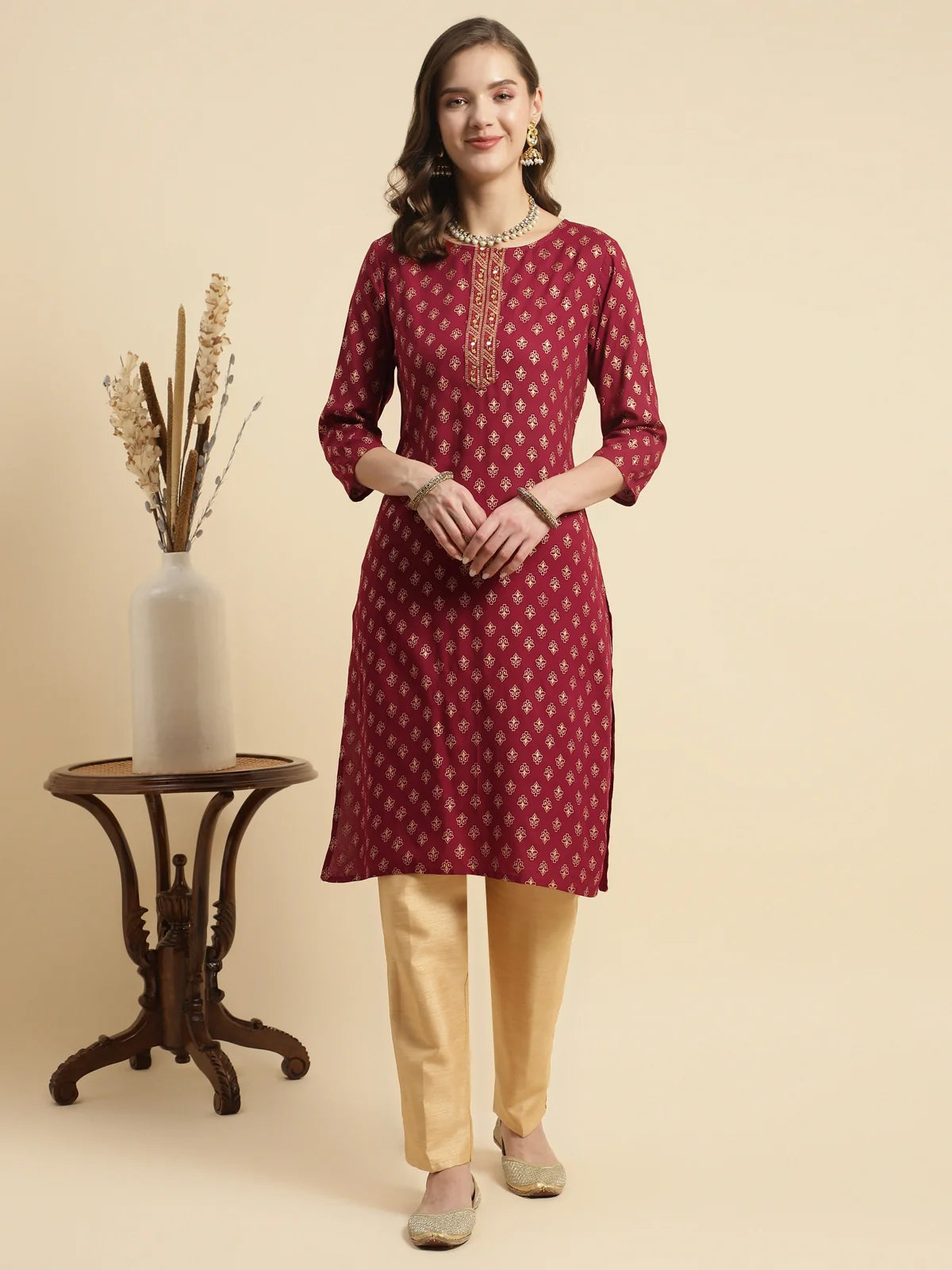 Buy Rayon Embroidered Knee Length Straight Kurta-Maroon