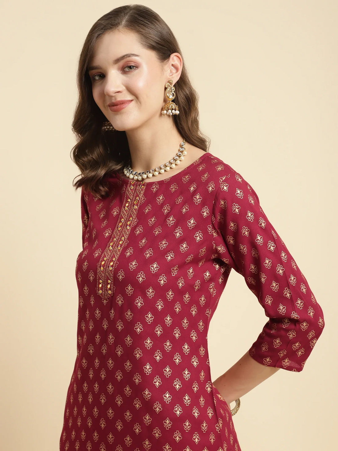 Buy Rayon Embroidered Knee Length Straight Kurta-Maroon