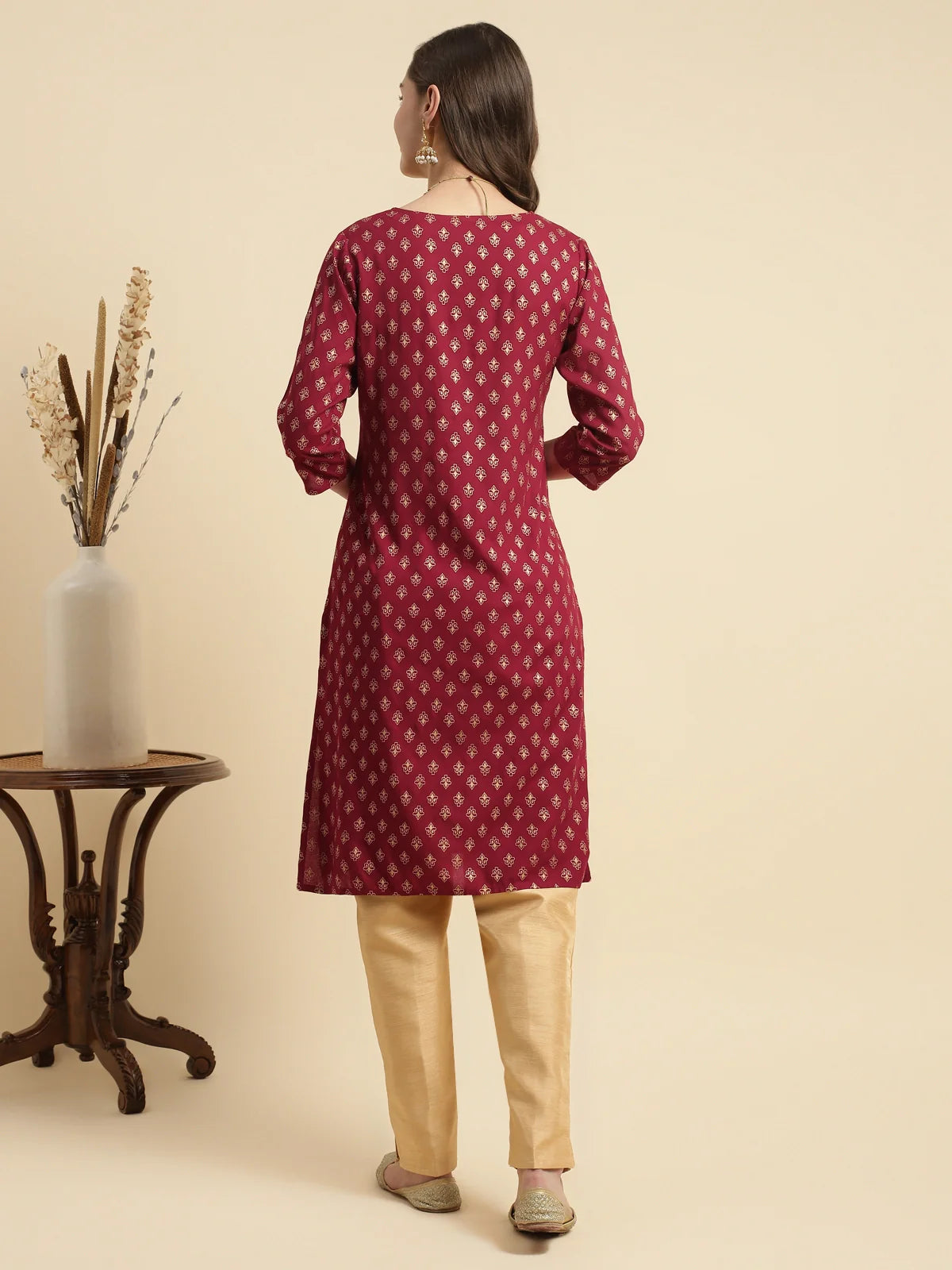 Buy Rayon Embroidered Knee Length Straight Kurta-Maroon