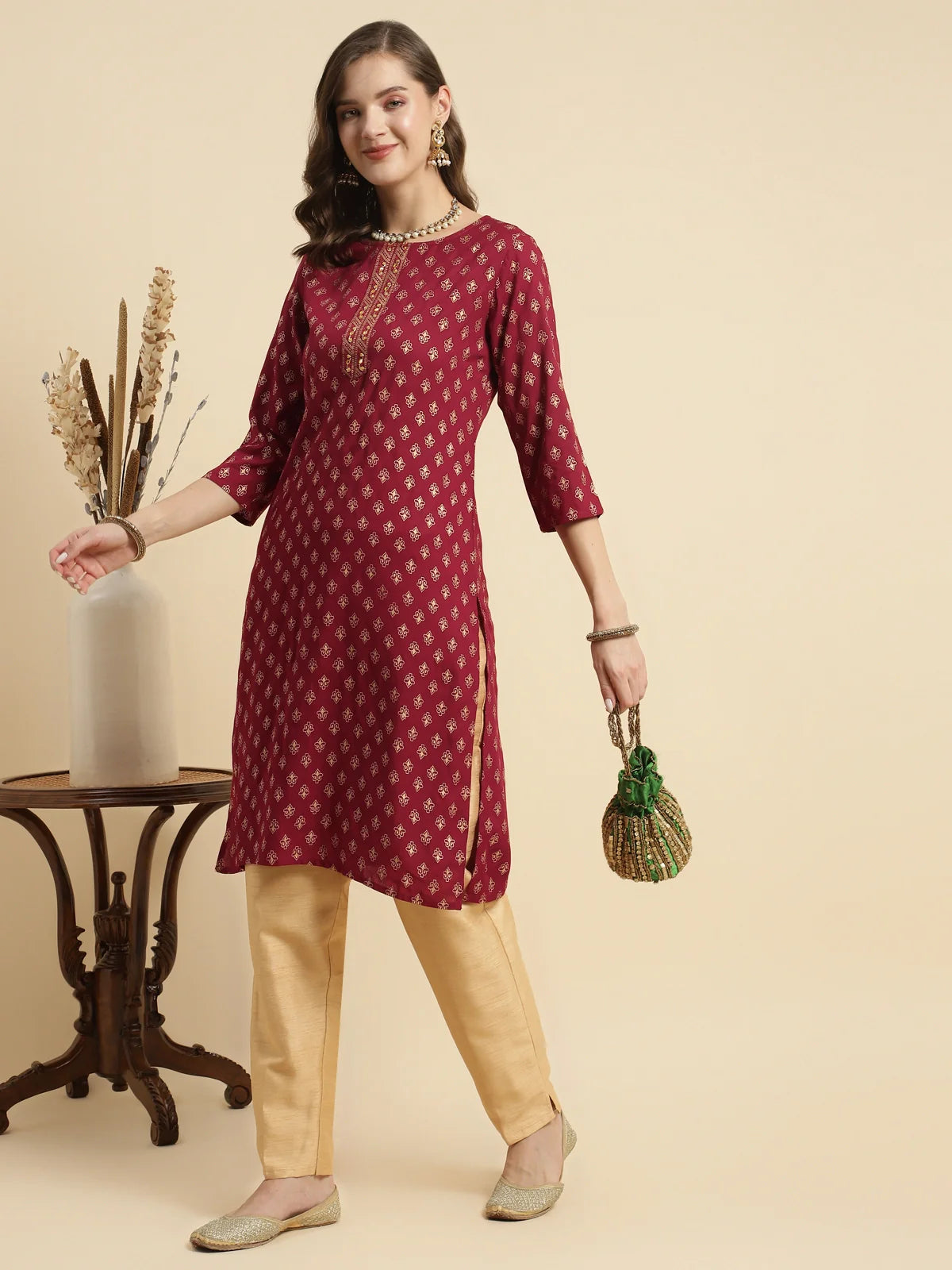 Buy Rayon Embroidered Knee Length Straight Kurta-Maroon